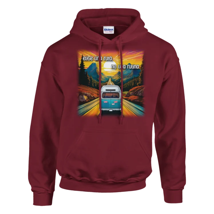 Sudadera "Elige una ruta, no una rutina" con capucha granate