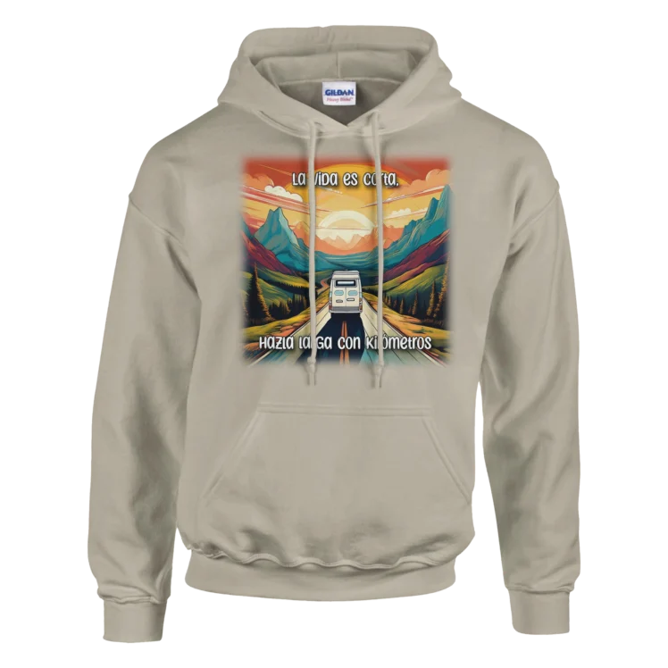 Sudadera "La vida es corta, hazla larga con km" con capucha TG beige