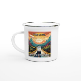 Taza esmaltada "La vida es corta, hazla larga con km"