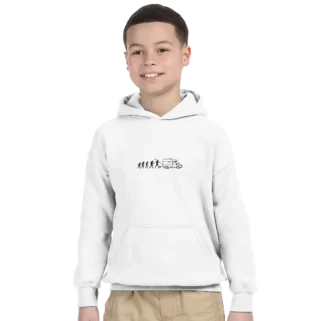 Sudadera "Evolución ser humano camper minimalista negro" con capucha infantil blanco