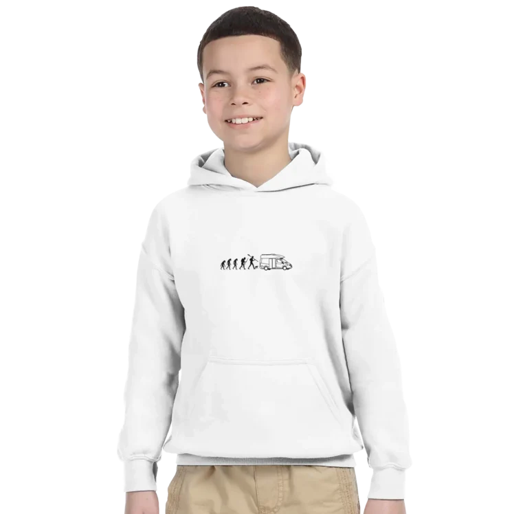 Sudadera "Evolución ser humano camper minimalista negro" con capucha infantil blanco