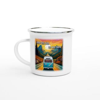 Taza esmaltada "Elige una ruta, no una rutina"