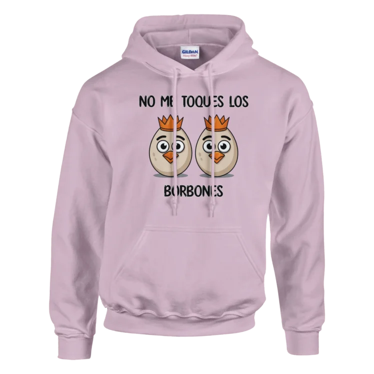 Sudadera "No me toques los borbones negro" con capucha rosa claro