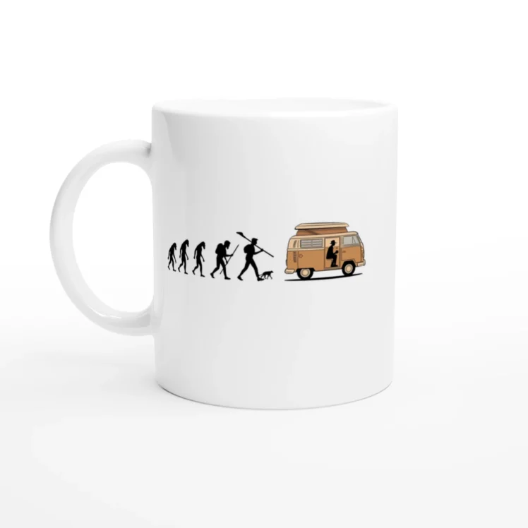 Taza cerámica "Evolución del ser humano camper negro" blanco