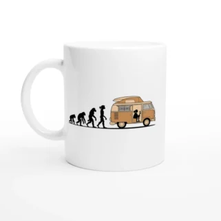 Taza cerámica "Evolución ser humano camper mujer" blanco