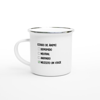 Taza esmaltada "Necesito un viaje test"