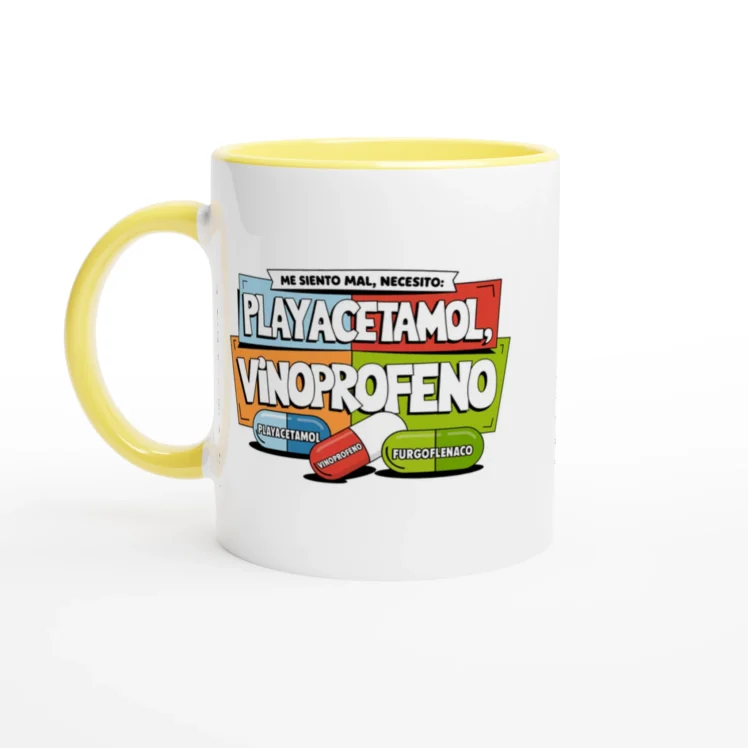 Taza cerámica "Necesito píldoras de felicidad" amarillo