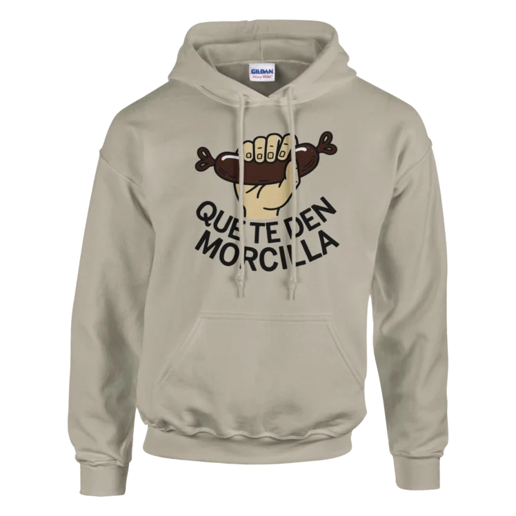 Sudadera "Que te den morcilla" con capucha beige